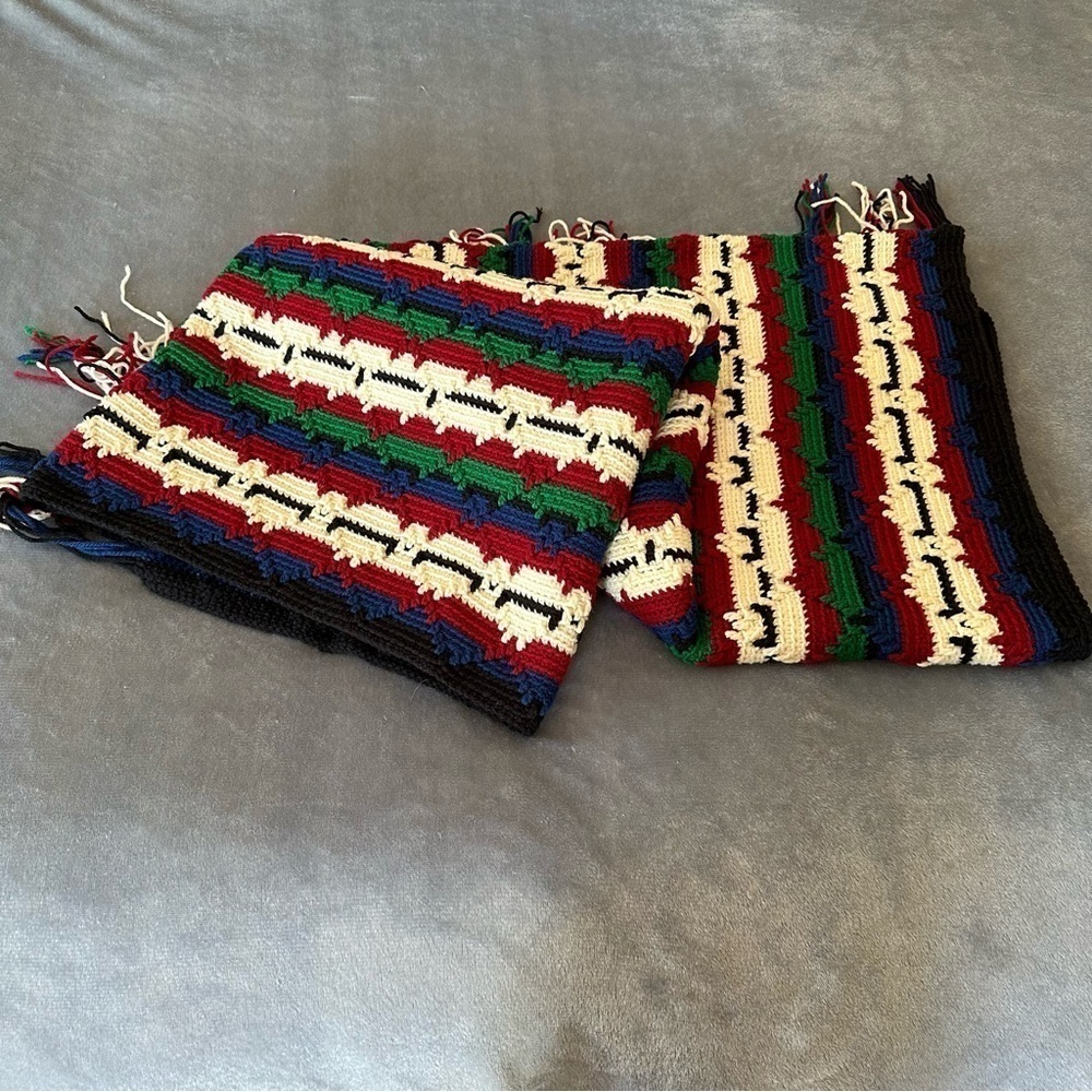 Vintage Handmade Knit Fringe Hem Black Red Striped Blanket